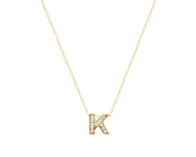 Naszyjnik złoty łańcuszkowy z wisiorkiem w kształcie litery K wysadzanym cyrkoniami