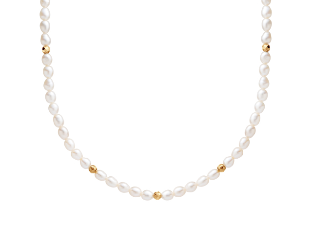 Naszyjnik srebrny pozłacany z białymi perłami i kuleczkami w kolorze złota