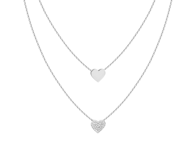 Naszyjnik srebrny podwójna kolia łańcuszkowa z cyrkoniami z motywem serc