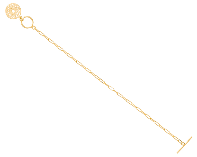 Bransoletka srebrna pozłacana łańcuszkowa o splocie ankier z zawieszką w kształcie rozety i zapięciem toggle