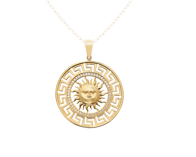 Zawieszka złota w kształcie słońca wpisanego w okrąg ozdobiona dookoła cyrkoniami