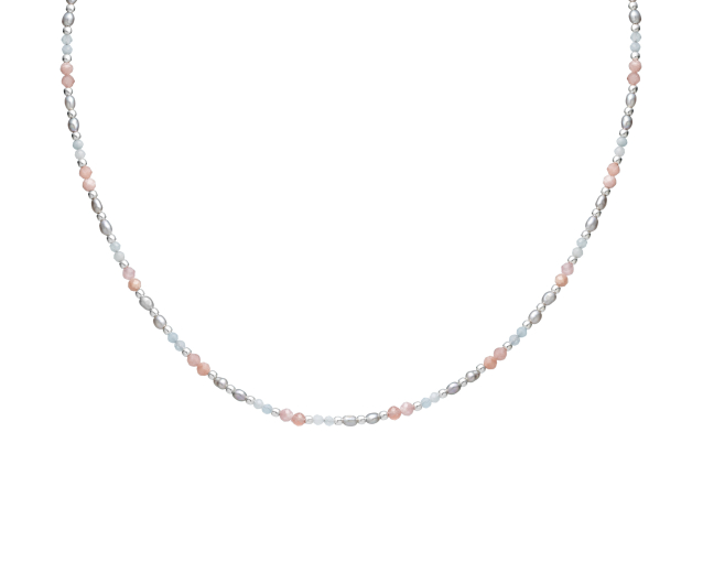 Naszyjnik srebrny z szarymi perłami i koralikami z kamieniami naturalnymi w kolorze łososiowym i błękitnym