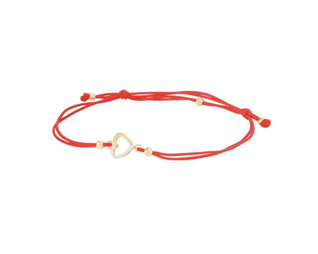 Bransoletka sznurkowa czerwona ze złotym elementem w kształcie serca i małymi cyrkoniami