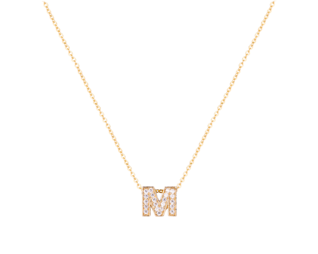 Naszyjnik złoty łańcuszkowy z wisiorkiem w kształcie litery M wysadzanym cyrkoniami