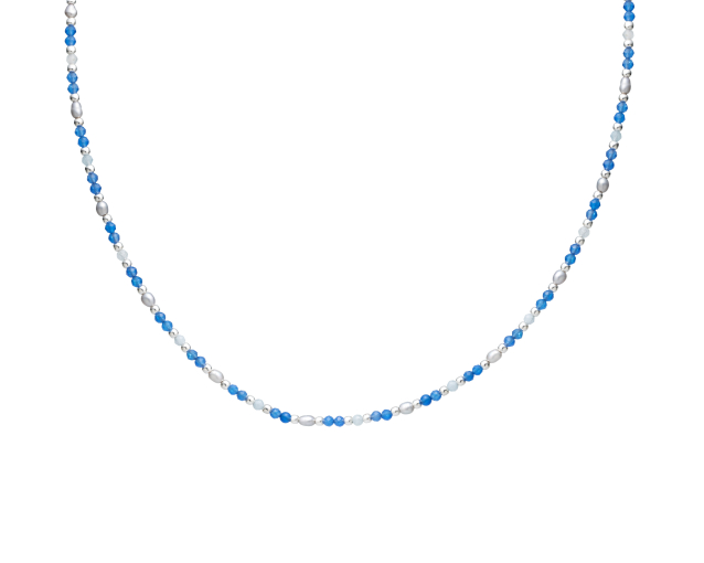 Naszyjnik srebrny z szarymi perłami i kamieniami naturalnymi w kolorze niebieskim i błękitnym