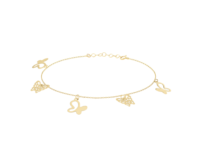 Bransoletka złota łańcuszkowa celebrytka z zawieszkami w kształcie motyli na całej długości