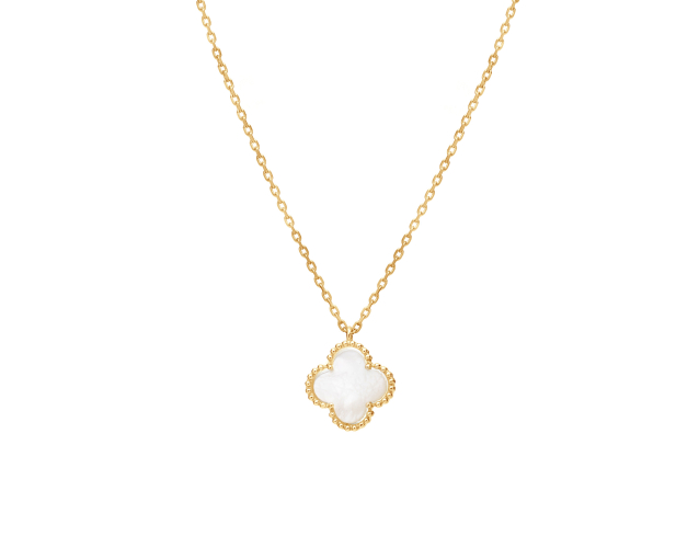 Naszyjnik złoty kolia łańcuszkowa z wisiorkiem w kształcie kwiatka wypełnionym białym kamieniem naturalnym