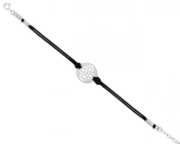Bransoletka srebrna damska rozeta ażurowa na sznurku w kolorze czarnym
