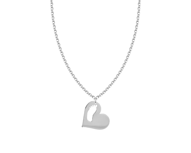 Naszyjnik srebrny z wisiorkiem w kształcie serca z motywem dziecięcej stopy w środku