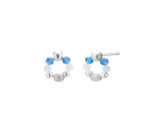 Kolczyki srebrne punktowe okrągłe z perłami i kamieniami naturalnymi w kolorze błękitnym i niebieskim