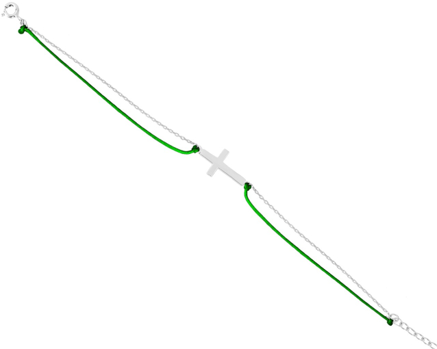 Bransoletka srebrna z zielonym sznurkiem i krzyżykiem