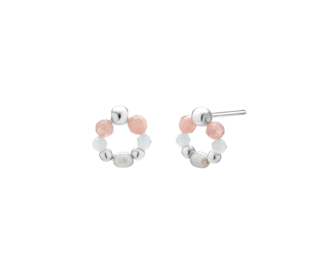 Kolczyki srebrne punktowe okrągłe z perłami i kamieniami naturalnymi w kolorze białym i różowym