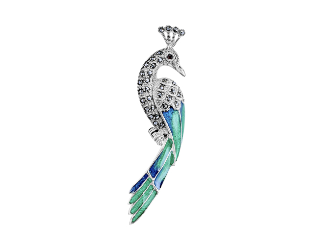 Broszka srebrna w kształcie pawia emaliowana na błękitno i turkusowo z białymi cyrkoniami i markasytem