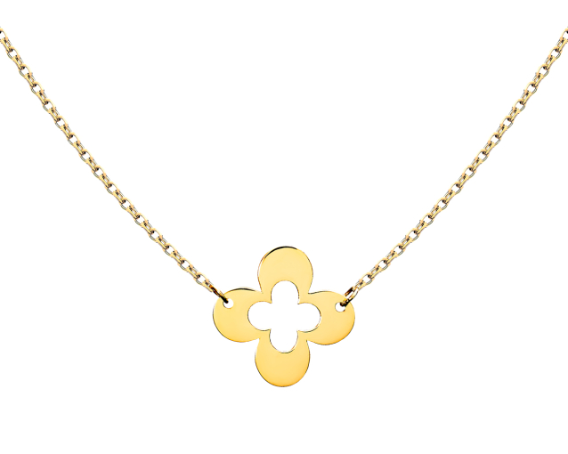 Naszyjnik złoty z łańcuszkiem przechodzącym przez wisiorek w kształcie czteropłatkowego kwiatu