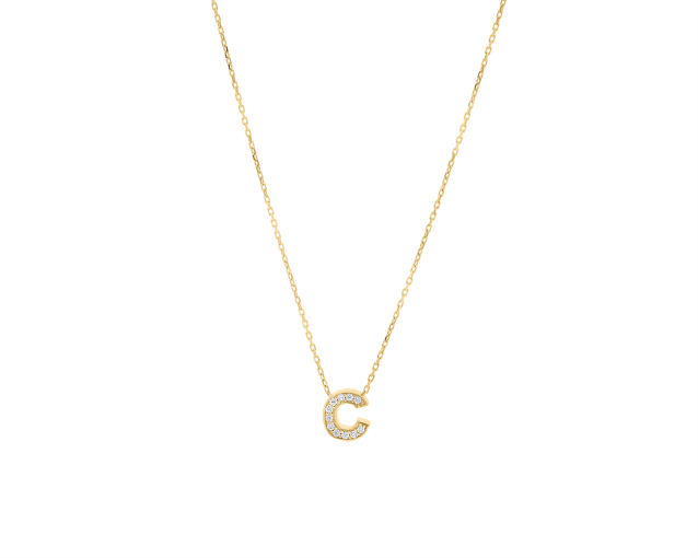Naszyjnik złoty łańcuszkowy z zawieszką w kształcie litery C zdobioną białymi cyrkoniami