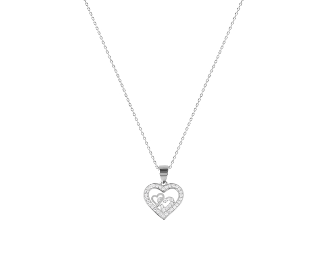 Zawieszka srebrna do naszyjnika w kształcie serca z motywem serc w środku wysadzana białymi cyrkoniami