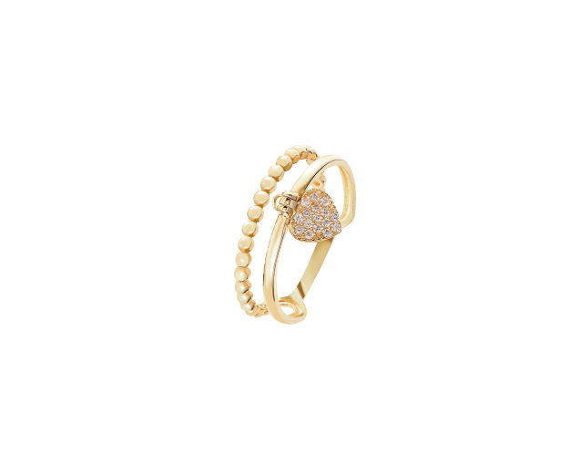 Złoty pierścionek na podwójnej obrączce z zawieszką w kształcie serduszka wysadzaną białymi lub czarnymi cyrkoniami