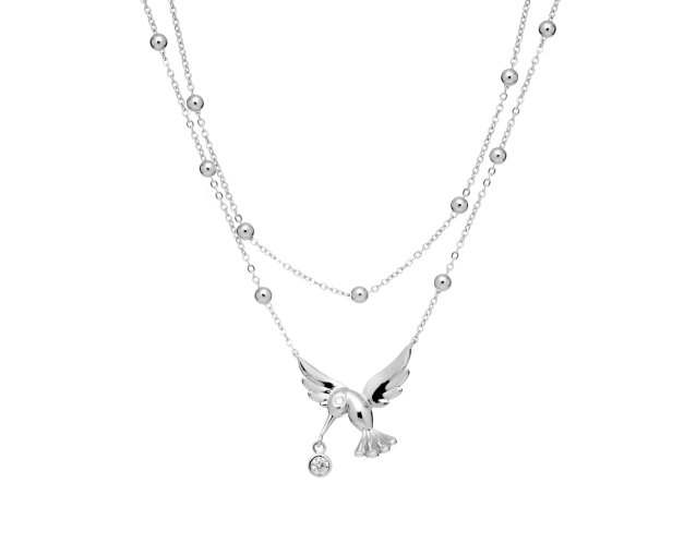 Naszyjnik srebrny na podwójnym łańcuszku z kulkami z wisiorkiem w kształcie kolibra zdobionym białymi cyrkoniami