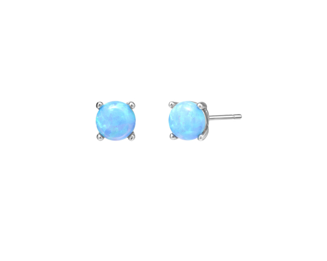 Kolczyki srebrne punktowe z okrągłym błękitnym opalem w oprawie w cztery łapki