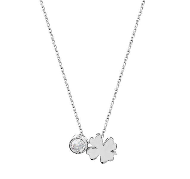 Naszyjnik srebrny z wisiorkiem w kształcie czterolistnej koniczynki i białej cyrkonii w pełnej oprawie