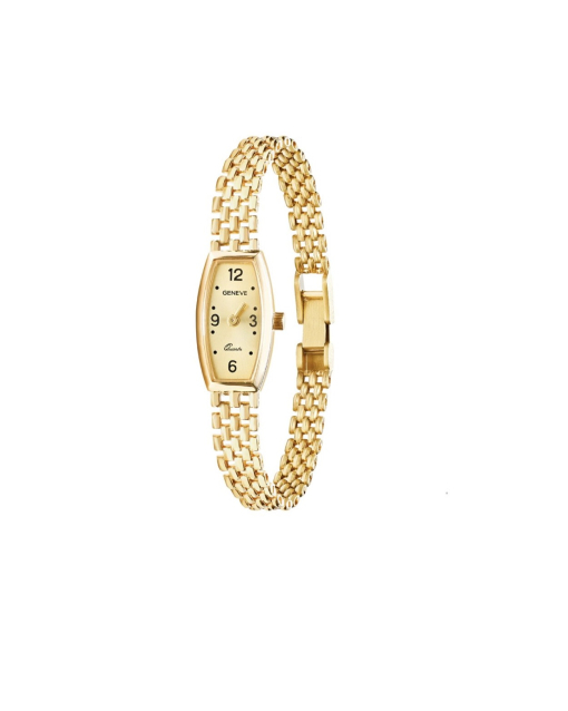 Złoty zegarek damski analogowy z cyframi arabskimi na bransoletce, z zaokrągloną tarczą