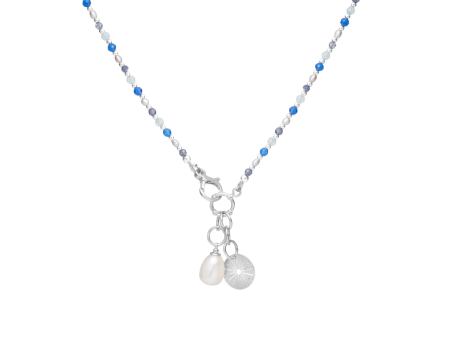Naszyjnik srebrny z perłami i kamieniami naturalnymi w kolorze niebieskim, błękitnym i fioletowym z dużą perłą przy zapięciu