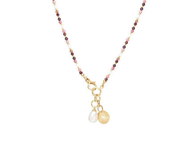 Naszyjnik srebrny pozłacany z białymi perłami i kamieniami naturalnymi w kolorze bordo i łososiowym.