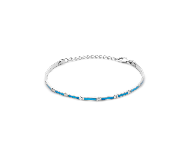 Bransoletka srebrna długa i cienka segmentowa z błękitnym opalem