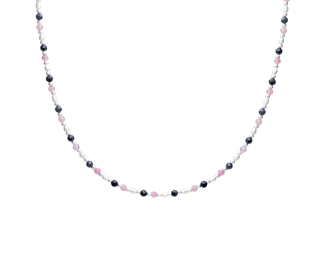Naszyjnik srebrny z kamieniami naturalnymi fasetowanymi czarnymi i różowymi oraz szarymi perłami