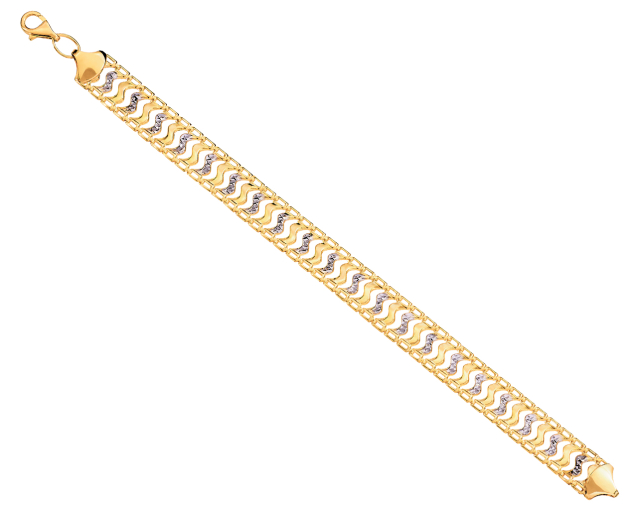 Bransoletka złota z falistym drabinkowym wzorem płaskim, zdobiona białym złotem i tłoczeniami na powierzchni