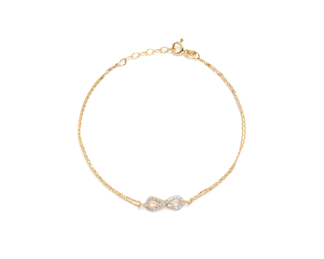 Złota bransoletka łańcuszkowa na podwójnym łańcuszku z symbolem nieskończoności wysadzanym białymi cyrkoniami