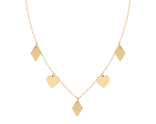 Naszyjnik złoty kolia łańcuszkowa z zawieszkami w kształcie rombów i serc