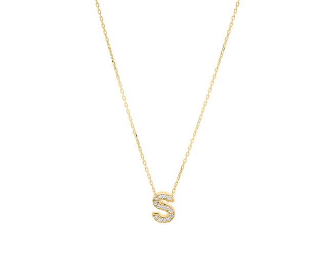Naszyjnik złoty łańcuszkowy z wisiorkiem w kształcie litery S wysadzanym białymi cyrkoniami