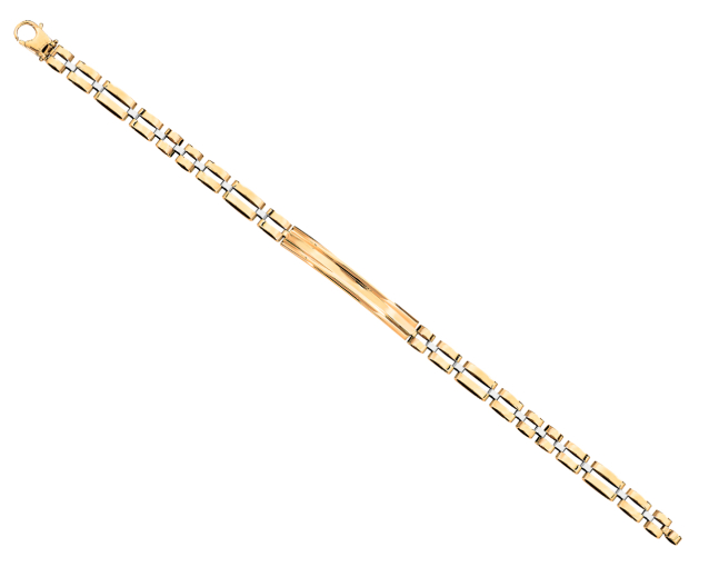 Złota bransoleta dwukolorowa z prostokątnymi modułami i podłużnym prostym elementem w centralnej części
