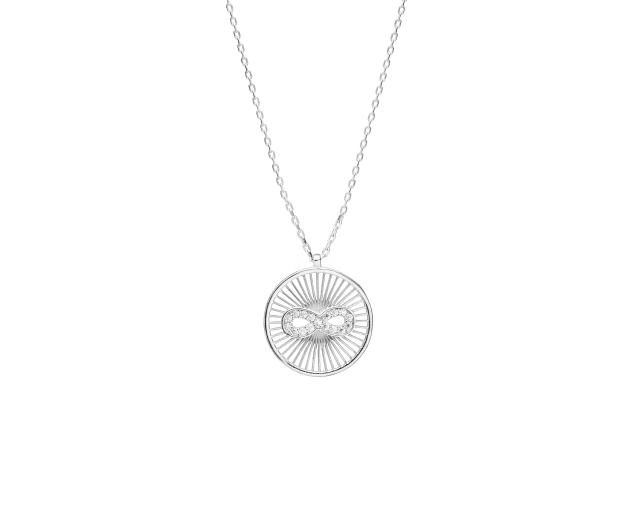Naszyjnik srebrny z okrągłą zawieszką z symbolem nieskończoności wysadzanym białymi cyrkoniami