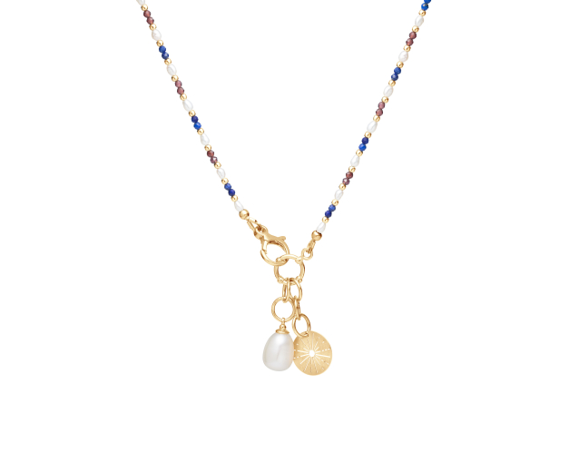 Naszyjnik srebrny pozłacany z białymi perłami i kamieniami naturalnymi w kolorze bordowym i granatowym