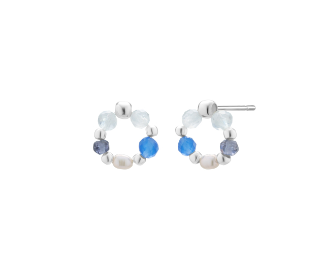 Kolczyki srebrne punktowe okrągłe z perłami i kamieniami naturalnymi błękitnymi i niebieskimi