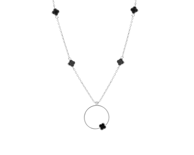 Naszyjnik srebrny kolia z elementami zdobionymi czarną emalią na łańcuszku i wewnątrz okrągłego wisiorka