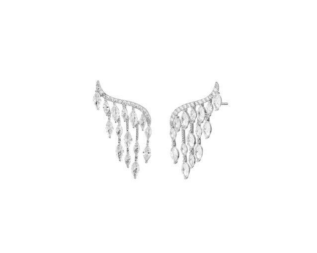 Kolczyki srebrne z białymi markizowymi cyrkoniami tworzącymi kompozycję przypominającą wodospad lub firankę
