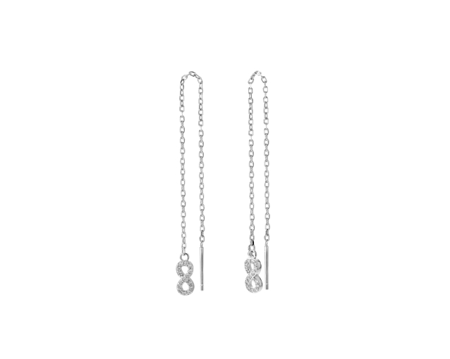 Kolczyki srebrne przeciągane łańcuszkowe z symbolem nieskończoności pokrytym białymi cyrkoniami