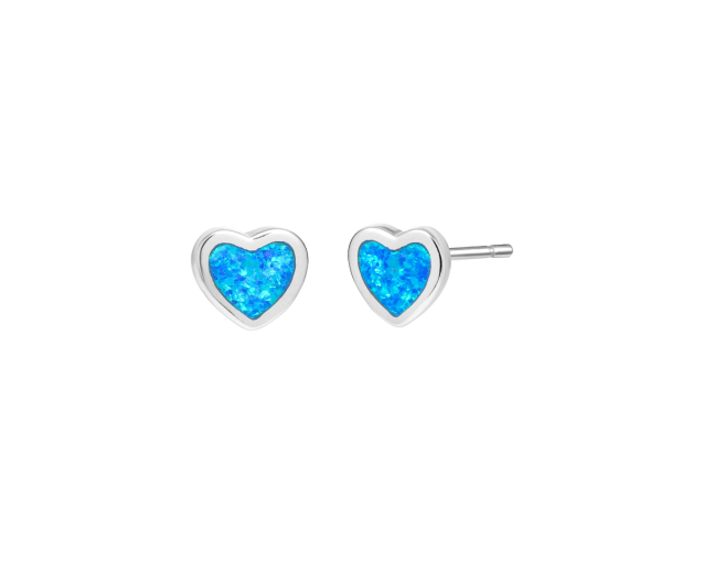 Kolczyki srebrne punktowe z błękitnym opalem w kształcie serca