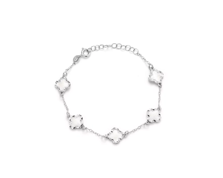 Bransoletka srebrna z białymi emaliowanymi koniczynami
