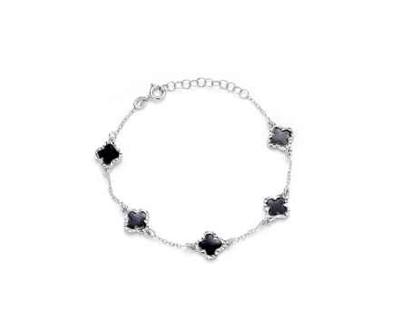 Bransoletka srebrna z czarnymi emaliowanymi koniczynami