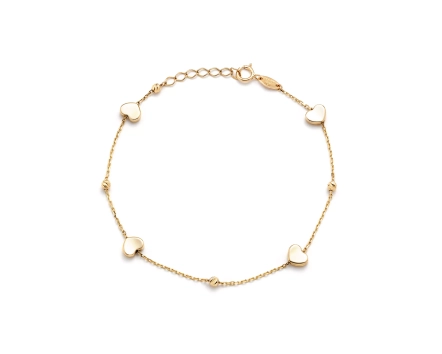 Złota bransoletka łańcuszkowa z serduszkami i kuleczkami na całej długości