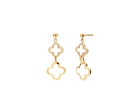 Kolczyki srebrne pozłacane dwie wiszące koniczyny z cyrkoniami