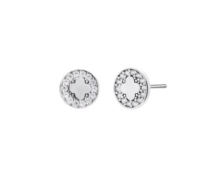 Kolczyki srebrne okrągłe z koniczynką i białymi cyrkoniami