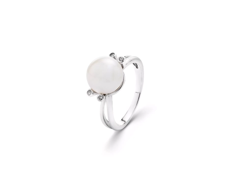 Srebrny pierścionek z białą perłą i cyrkoniami