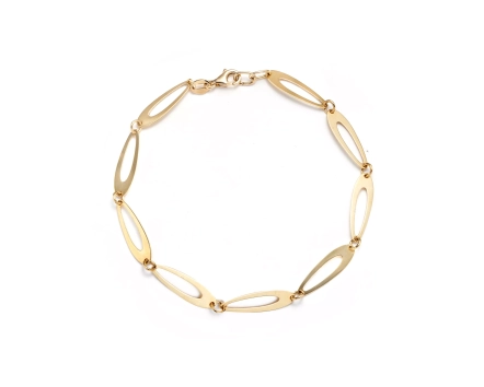 Złota bransoletka segmentowa z blaszkami w kształcie migdałów zapinana na karabińczyk