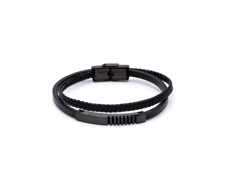Bransoletka męska skórzana czarna z dwoma paskami z czarnym stalowym elementem