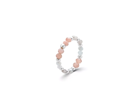 Pierścionek srebrny elastyczny z szarymi perłami i kamieniami naturalnymi w kolorze błękitnym